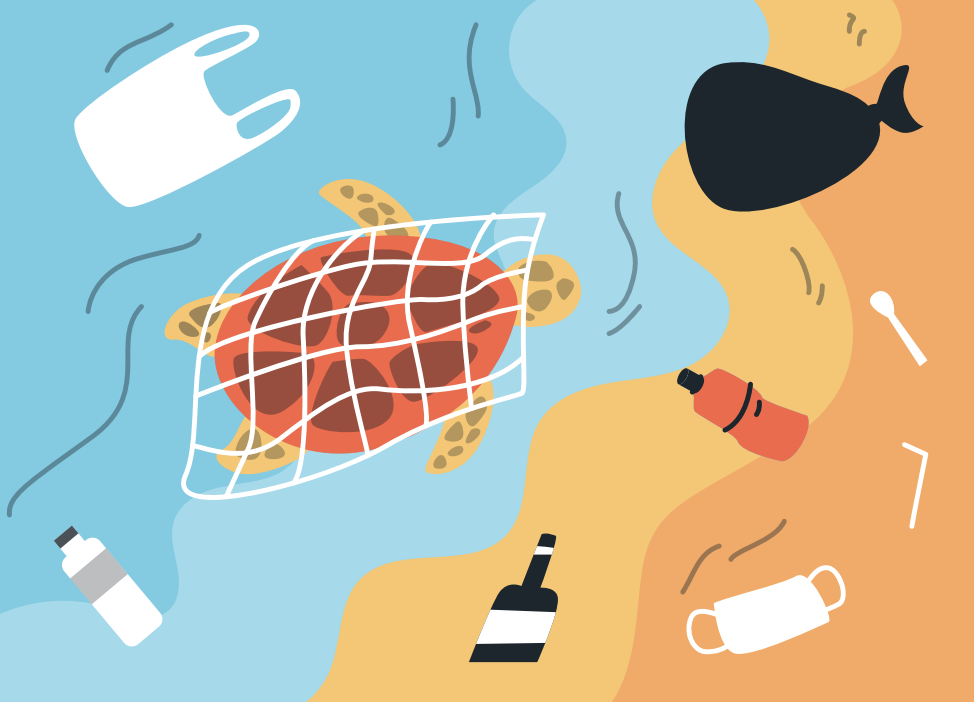 Illustrated coastal scene focused on ocean protection and environmental awareness